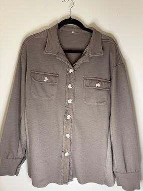 Waffle Knit Button-Up Shirt Jacket in Taupe